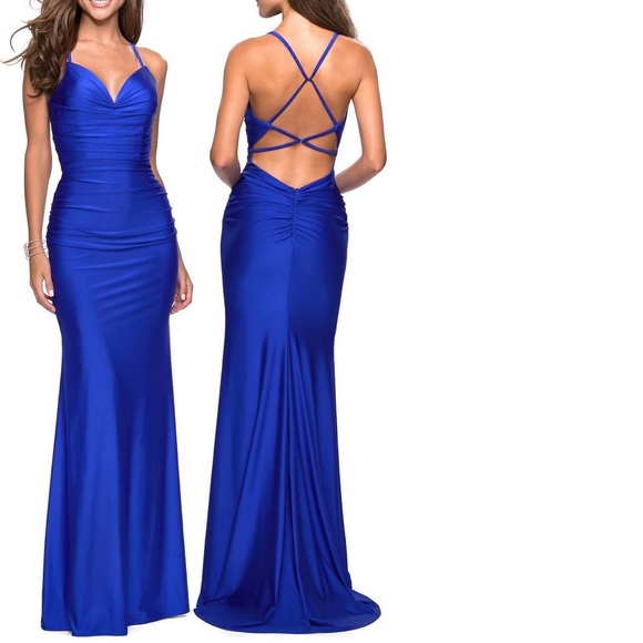 La Femme Strappy Back Ruched Trumpet Gown - Picture 1 of 3